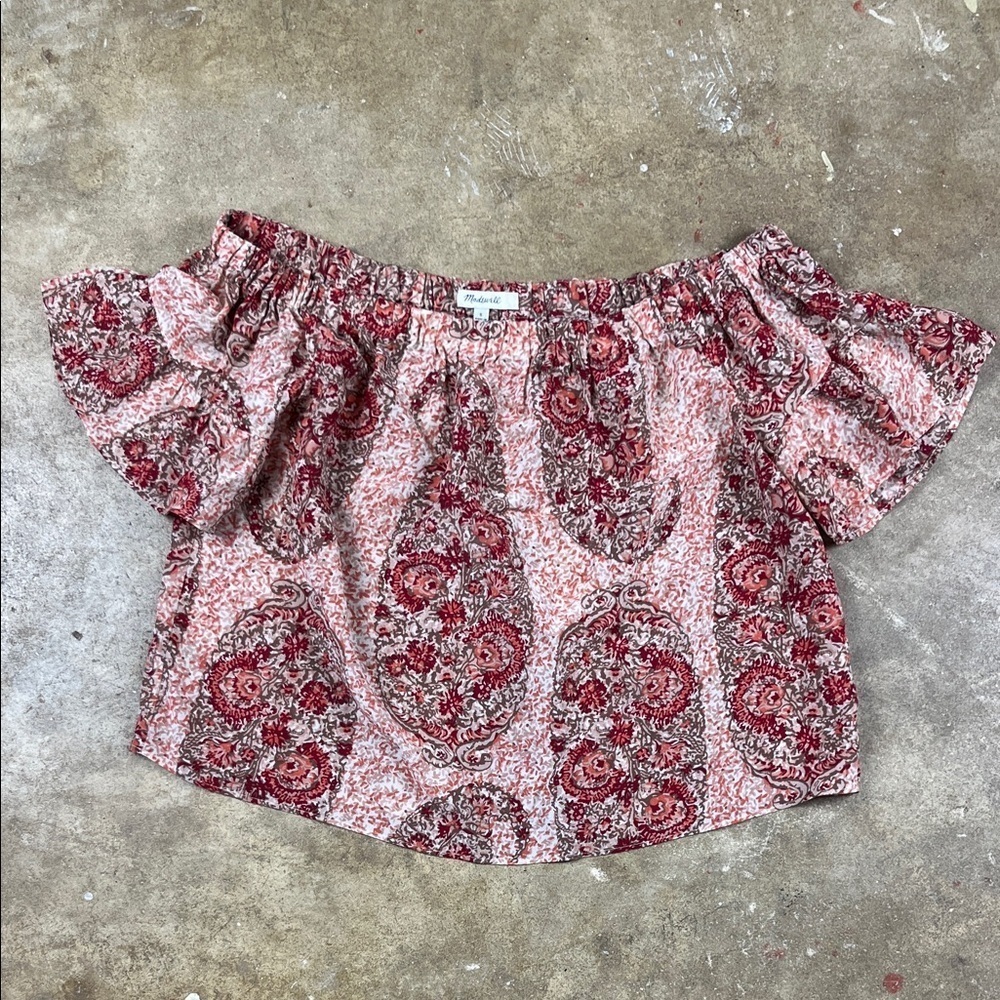 Madewell Red Floral/Paisley Off-Shoulder Silk top
Size: Small
